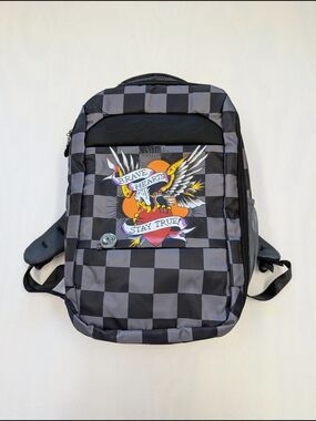Ed Hardy Brave Hearts Checkered Backpack Tattoo Graphic Y2K Streetwear Bag Rare